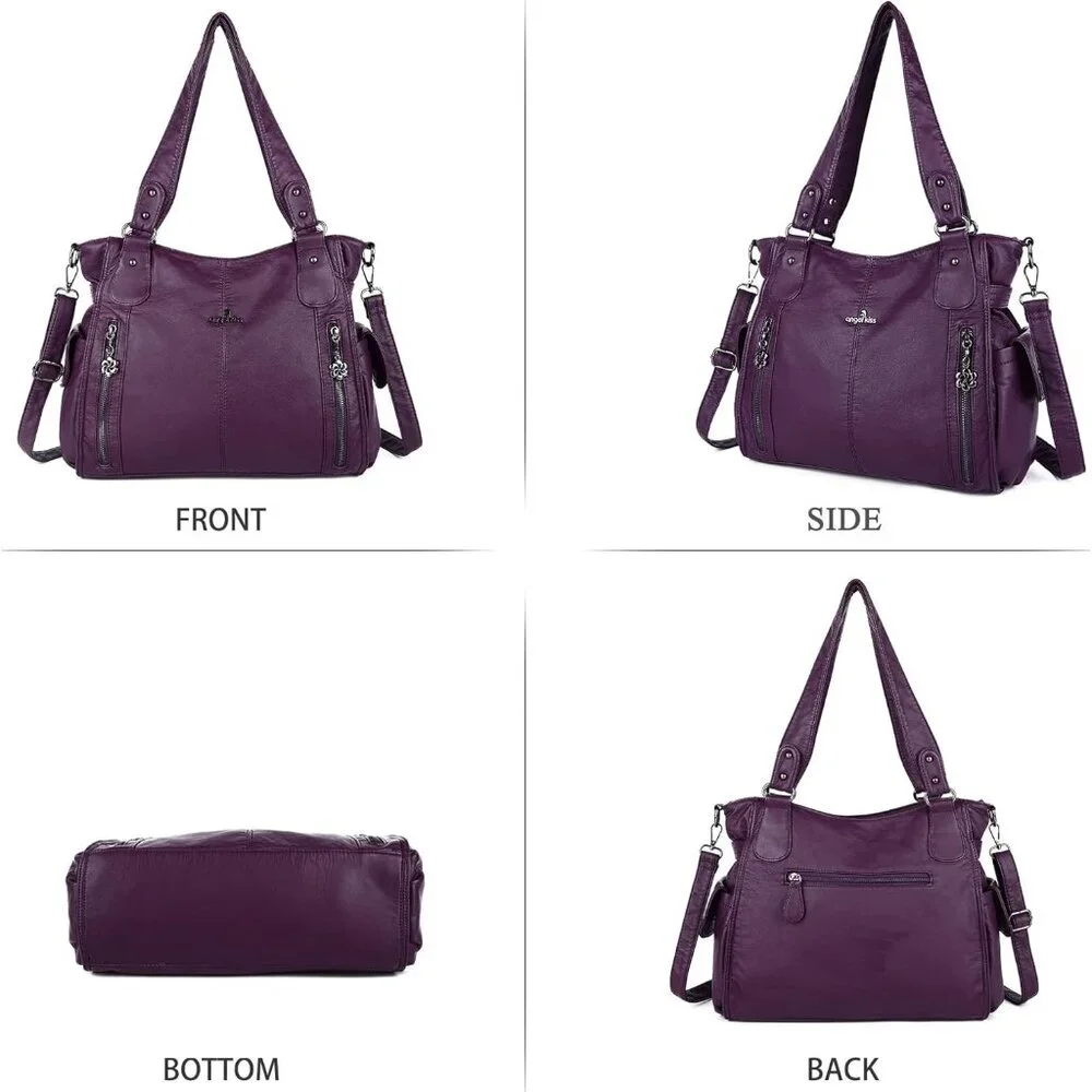 〽️Women's Purple PU Leather Hobo Shoulder Bag with Top Handle and Zipper Pockets